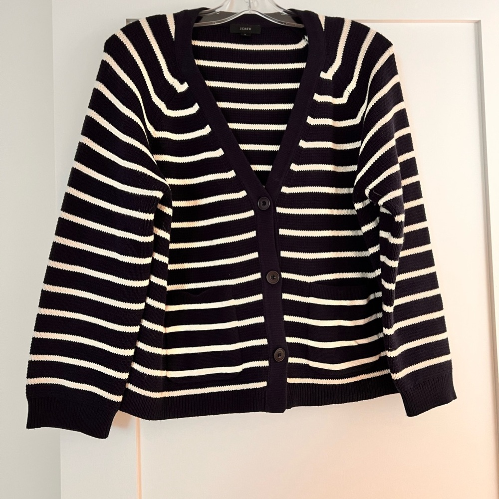 J. Crew Large Navy & White Striped V-Neck Button Cardigan